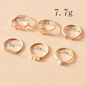 Simple Leaf and Pearl Open Ring Set 6Pcs