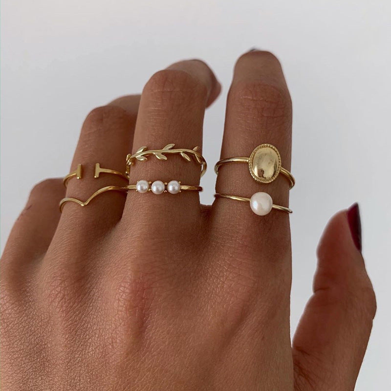 Simple Leaf and Pearl Open Ring Set 6Pcs