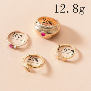 4Pcs Rose-red Rhinestone Vintage Rings Set