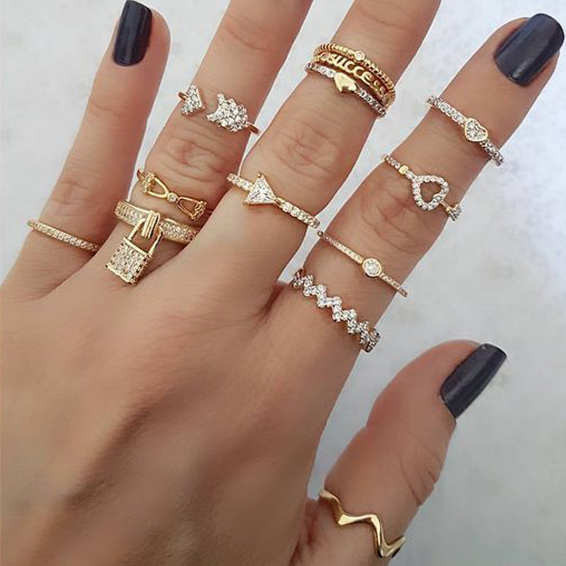 Delicate Rhinestone Arrow Open Ring Layer Midi Ring Set 13Pcs