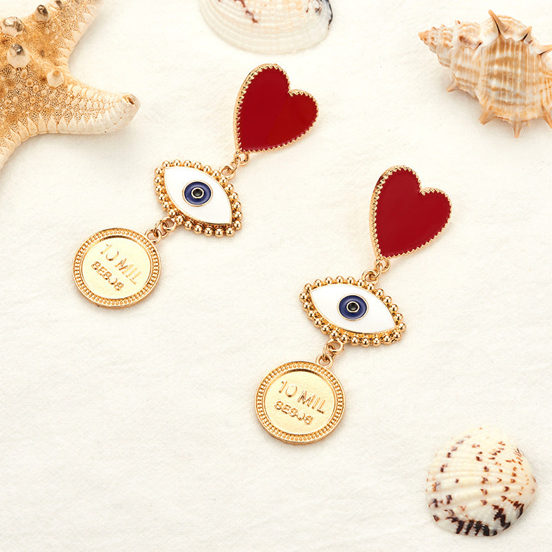 Red Heart Eye Coin Shape Punk Earrings