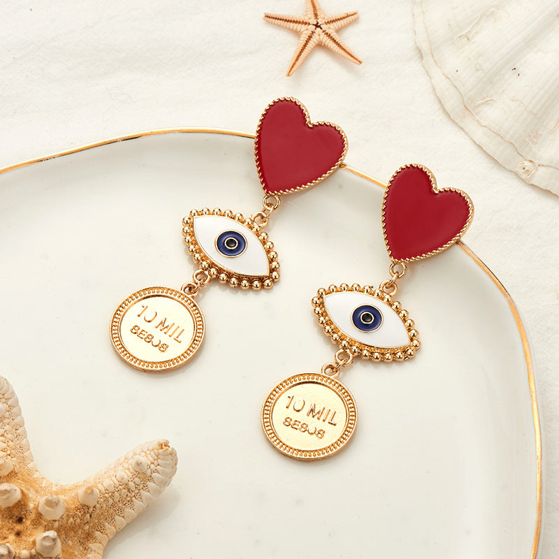 Red Heart Eye Coin Shape Punk Earrings