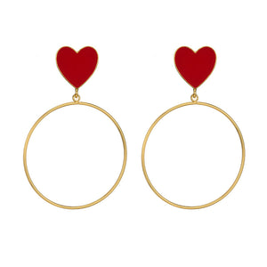 Street Fashion Red Heart & Big Circle Earrings