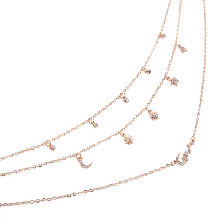 Multi-layer Moon and Stars Rhinestone Necklace